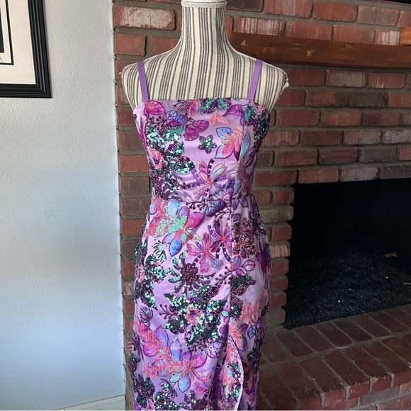 Boston Proper Embroidered Sequin Mesh Ruffle Slit Midi Dress Purple Multi Sz 4 - Picture 6 of 12